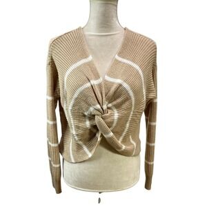 FCT Women's Striped Knit Twist‎ Front Sweater Cropped Tan White X-Large